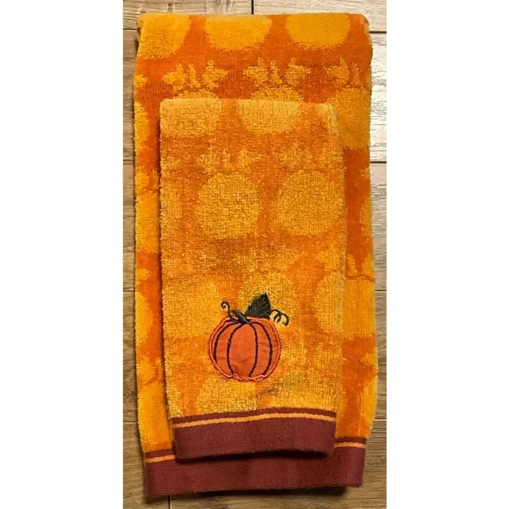 Set Harvest Fall Pumpkin Kitchen Bath Dish Hand Towel Orange Overall Pumpkin